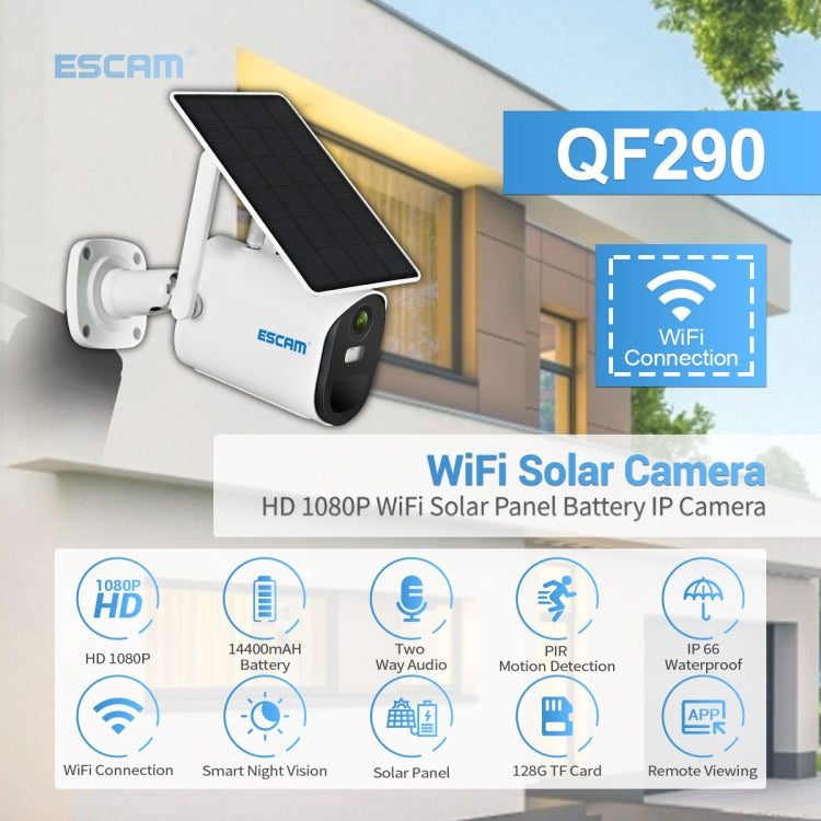 Telecamera IP ESCAM QF290 HD 1080P WiFi con pannello solare, supporto rilevamento movimento/visione notturna/scheda TF/audio bidirezionale, QF290