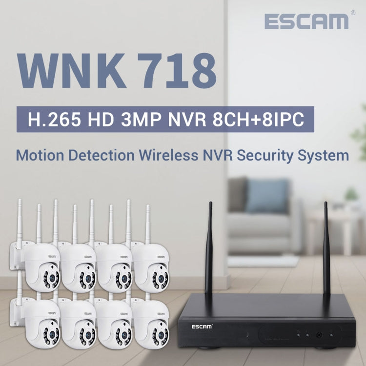 ESCAM WNK718 HD 3,0 milioni di pixel Wireless a 8 canali + sistema di sicurezza NVR wireless 8IPC, presa UK, WNK718