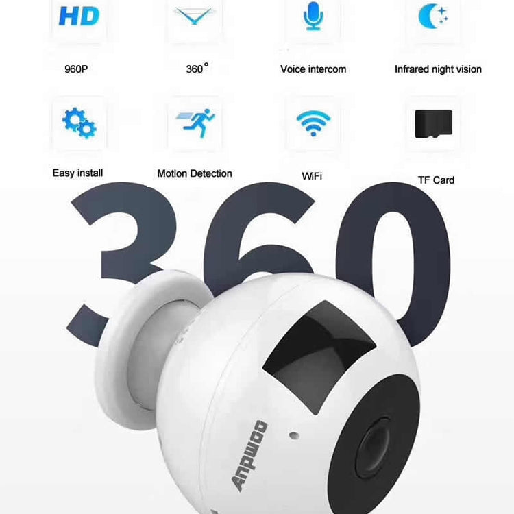 Anpwoo MN003 Telecamera IP WiFi HD panoramica a 360 gradi 960P, supporto rilevamento movimento e visione notturna a infrarossi e scheda TF (massimo 64 GB), MN003