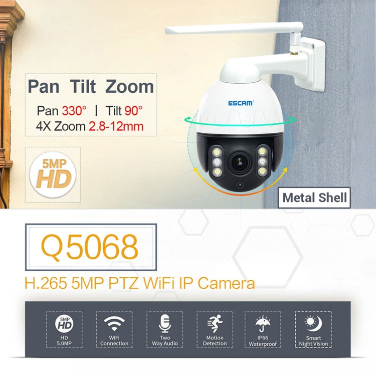 Telecamera IP impermeabile ESCAM Q5068 H.265 5MP Pan / Tilt / Zoom 4X WiFi, supporto ONVIF conversazione bidirezionale e visione notturna, presa AU, EU Plug, AU Plug, UK Plug, US Plug