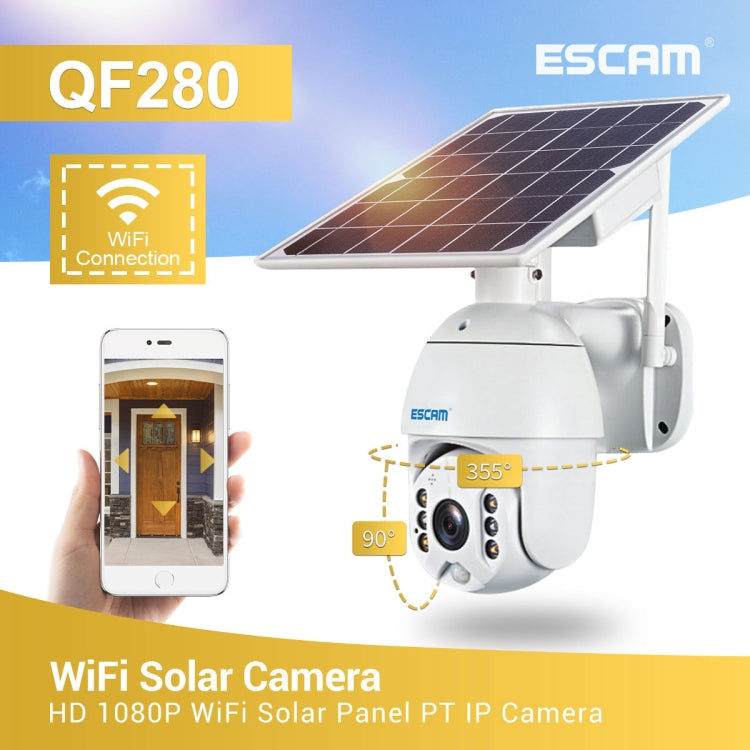 ESCAM QF280 HD 1080P IP66 Telecamera IP WiFi impermeabile con pannello solare PT senza batteria, supporto visione notturna/rilevamento movimento/scheda TF/audio bidirezionale, without Battery