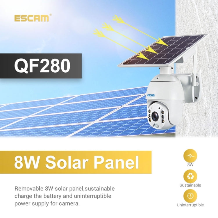 ESCAM QF280 HD 1080P IP66 Pannello solare WiFi impermeabile Telecamera IP PT con batteria, Supporto visione notturna/Rilevamento movimento/Scheda TF/Audio bidirezionale, with Battery