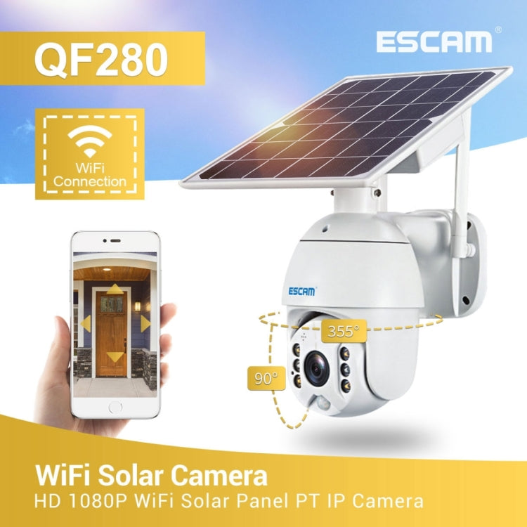 ESCAM QF280 HD 1080P IP66 Pannello solare WiFi impermeabile Telecamera IP PT con batteria, Supporto visione notturna/Rilevamento movimento/Scheda TF/Audio bidirezionale, with Battery