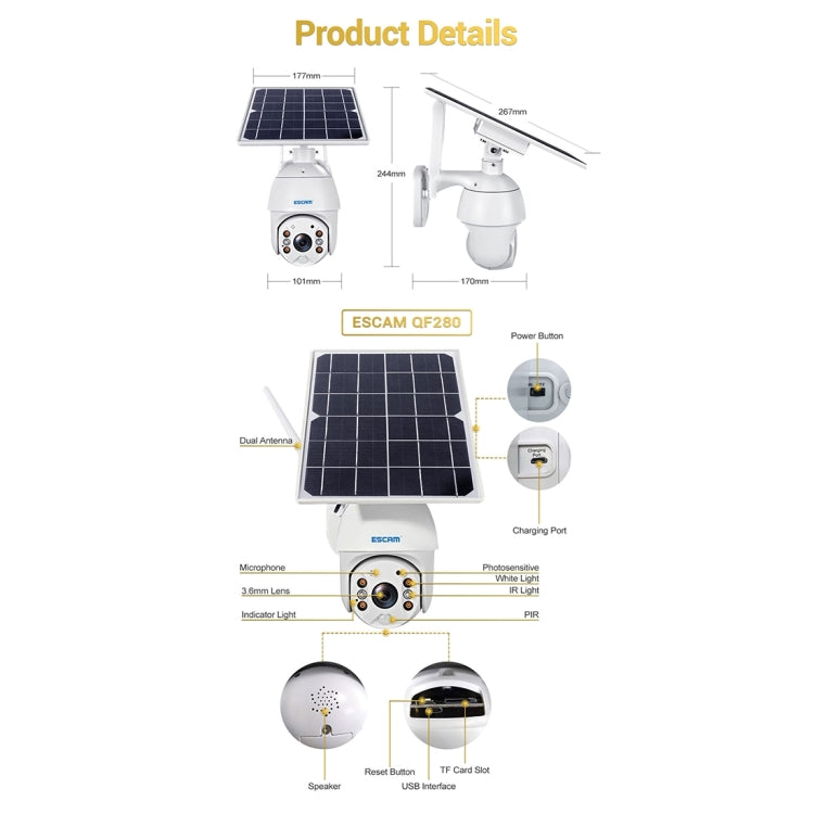 ESCAM QF280 HD 1080P IP66 Pannello solare WiFi impermeabile Telecamera IP PT con batteria, Supporto visione notturna/Rilevamento movimento/Scheda TF/Audio bidirezionale, with Battery