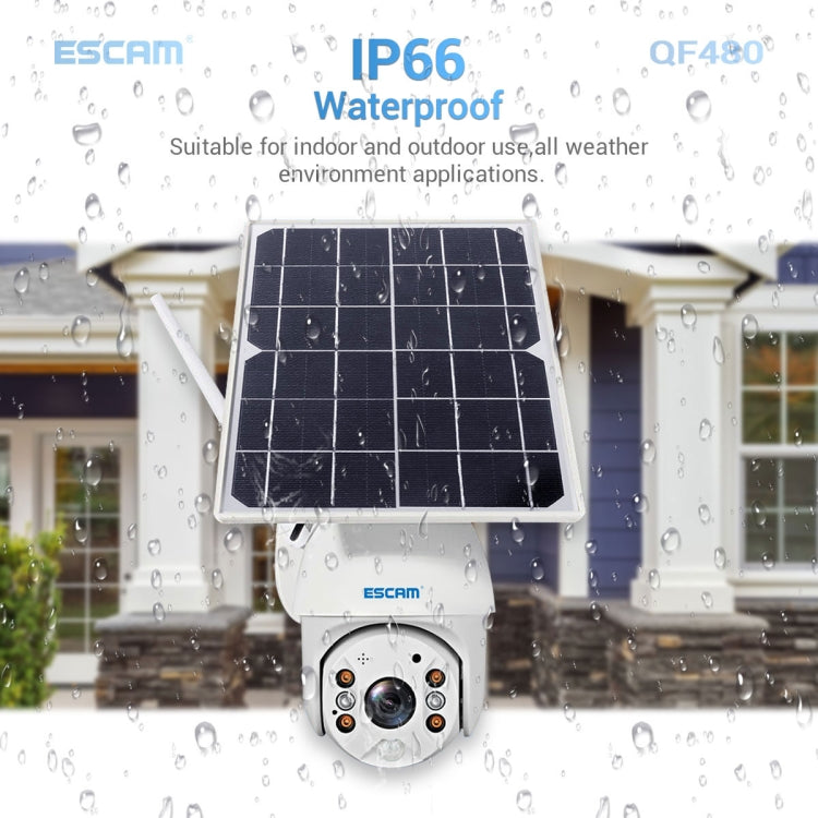 ESCAM QF480 Versione UE HD 1080P IP66 Impermeabile 4G Pannello solare PT Telecamera IP senza batteria, Supporto visione notturna/Rilevamento movimento/Scheda TF/Audio bidirezionale, without Battery(EU Version)