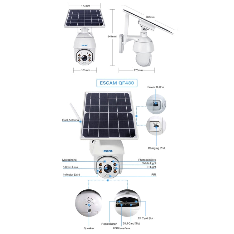 ESCAM QF480 Versione UE HD 1080P IP66 Impermeabile 4G Pannello solare PT Telecamera IP senza batteria, Supporto visione notturna/Rilevamento movimento/Scheda TF/Audio bidirezionale, without Battery(EU Version)