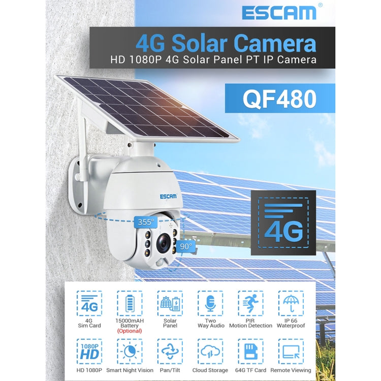 ESCAM QF480 Versione UE HD 1080P IP66 Impermeabile 4G Pannello solare PT Telecamera IP senza batteria, Supporto visione notturna/Rilevamento movimento/Scheda TF/Audio bidirezionale, without Battery(EU Version)