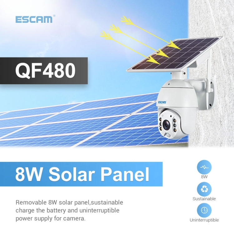 ESCAM QF480 Versione UE HD 1080P IP66 Impermeabile 4G Pannello solare PT Telecamera IP senza batteria, Supporto visione notturna/Rilevamento movimento/Scheda TF/Audio bidirezionale, without Battery(EU Version)