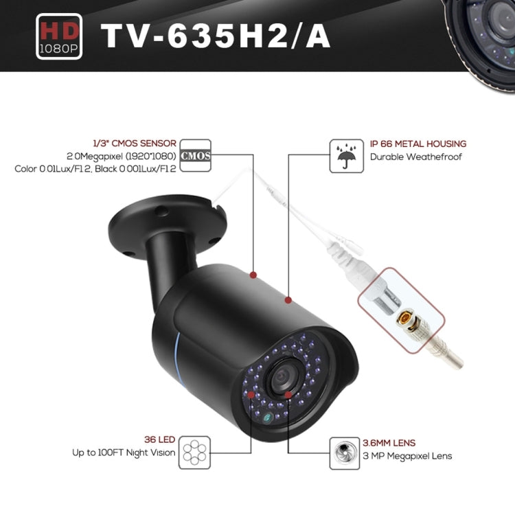 TV-635H2/A Telecamera AHD 1920x1080P impermeabile IP66, obiettivo con sensore CMOS da 1/2,7 pollici 2MP, rilevamento del movimento, visione notturna IR da 20 m, certificazione CE e RoHS, TV-635H2/A