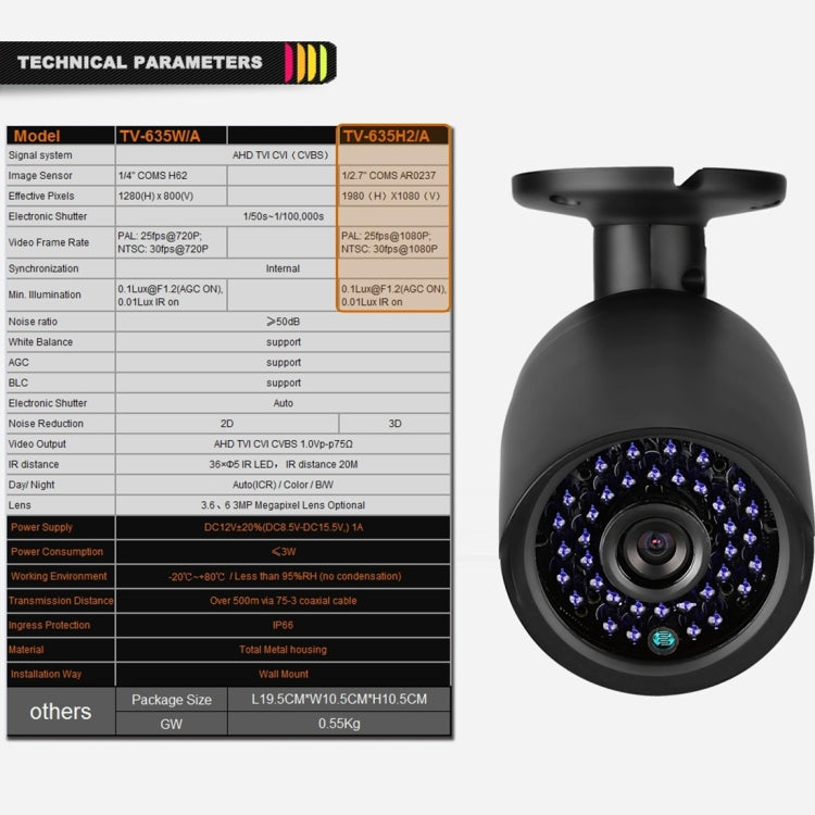 TV-635H2/A Telecamera AHD 1920x1080P impermeabile IP66, obiettivo con sensore CMOS da 1/2,7 pollici 2MP, rilevamento del movimento, visione notturna IR da 20 m, certificazione CE e RoHS, TV-635H2/A