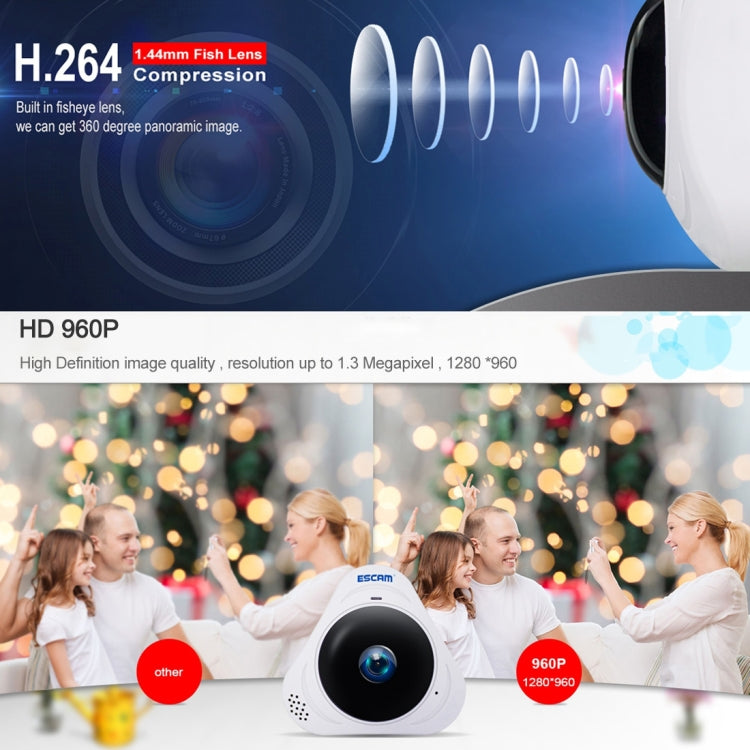 Telecamera IP WiFi ESCAM Q8 960P 360 gradi Fisheye 1.3MP, supporto rilevamento movimento/visione notturna, distanza IR: 5-10 m, spina AU, Q8 EU Plug, Q8 UK Plug, Q8 US Plug, Q8  AU Plug