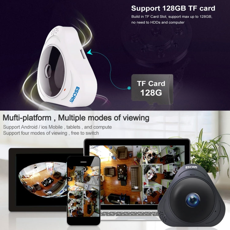 Telecamera IP WiFi ESCAM Q8 960P 360 gradi Fisheye 1.3MP, supporto rilevamento movimento/visione notturna, distanza IR: 5-10 m, spina AU, Q8 EU Plug, Q8 UK Plug, Q8 US Plug, Q8  AU Plug