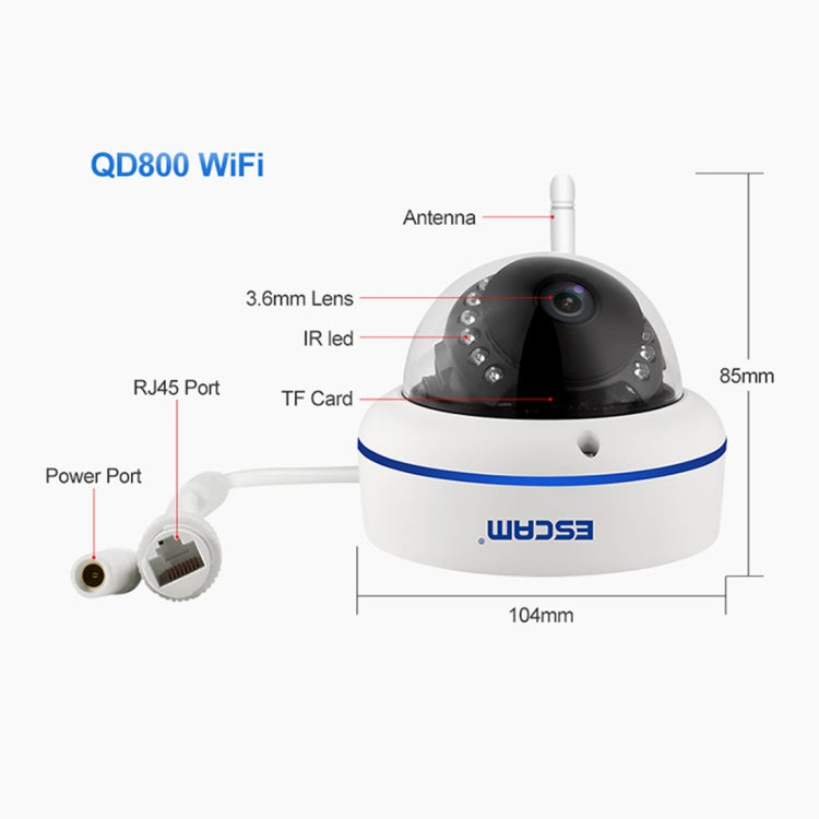 ESCAM Speed QD800WIFI ONVIF HD 1080P 2.0MP P2P Private Cloud IP66 Telecamera IP WiFi di sicurezza impermeabile, supporto rilevamento movimento/visione notturna, distanza IR: 10 m, Speed QD800WIFI, QD800WiFi