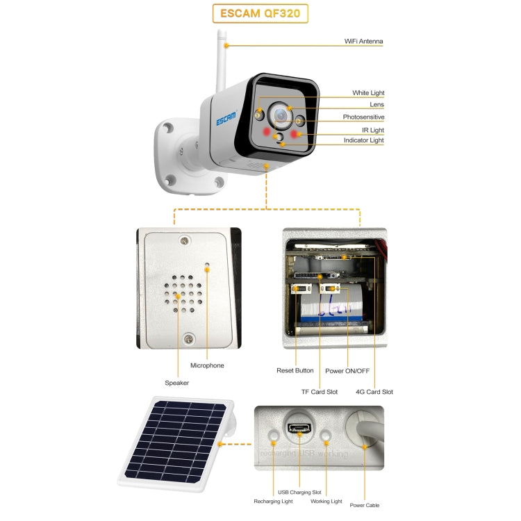 Telecamera IP ESCAM QF320 HD 1080P 4G con pannello solare, supporto per visione notturna, scheda TF, rilevamento movimento PIR e audio bidirezionale, without Battery