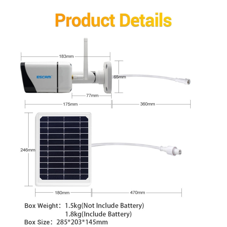 Telecamera IP ESCAM QF320 HD 1080P 4G con pannello solare, supporto per visione notturna, scheda TF, rilevamento movimento PIR e audio bidirezionale, without Battery