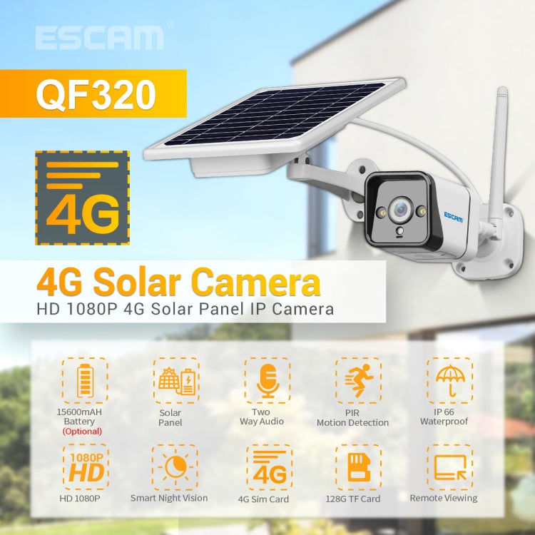 Telecamera IP ESCAM QF320 HD 1080P 4G con pannello solare, supporto per visione notturna, scheda TF, rilevamento movimento PIR e audio bidirezionale, without Battery