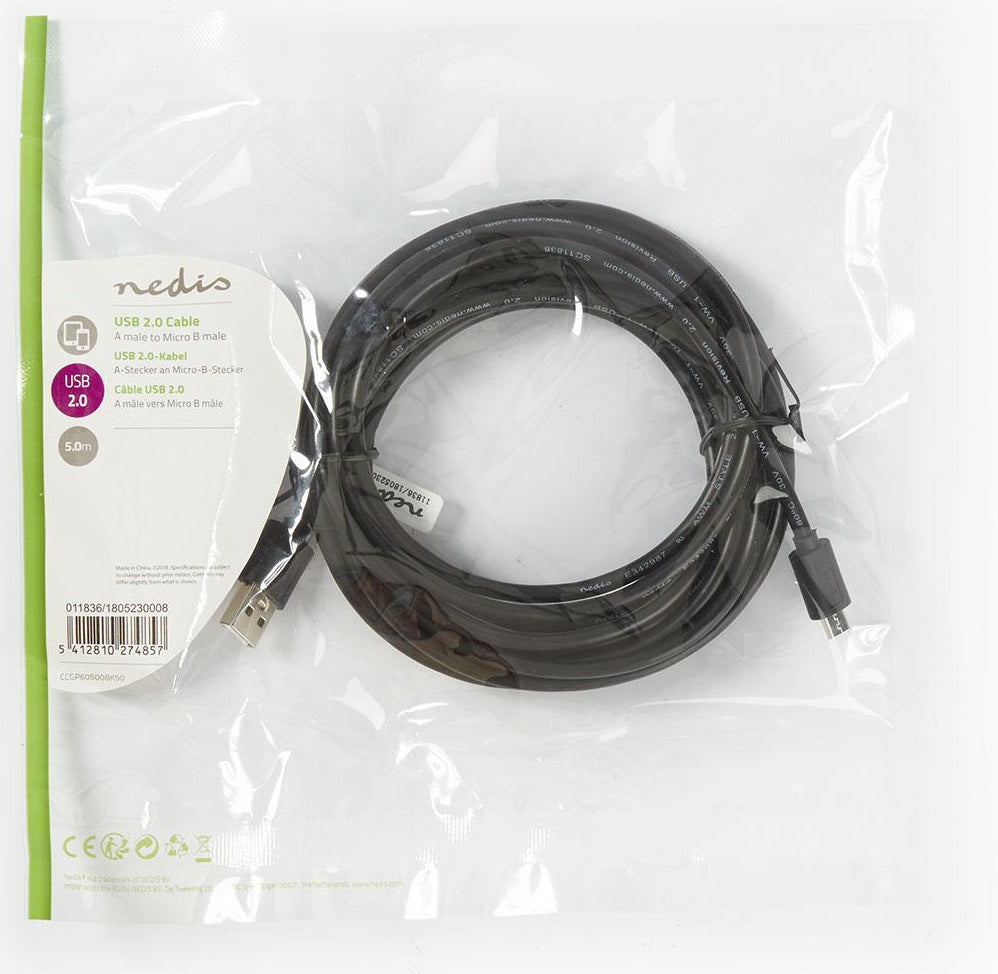 Cavo USB A/microUSB maschio-maschio 480Mbps 9W 5m CCGP60500BK50 5412810274857 ND7153