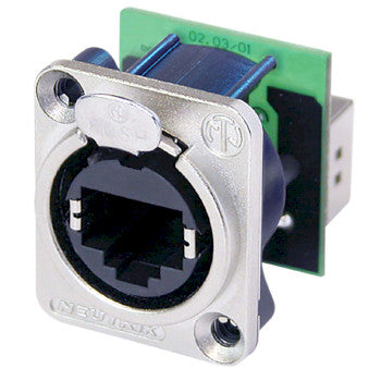 RJ45 feedthrough receptacle, D-shape metal flange with the latch lock, mounting screws included