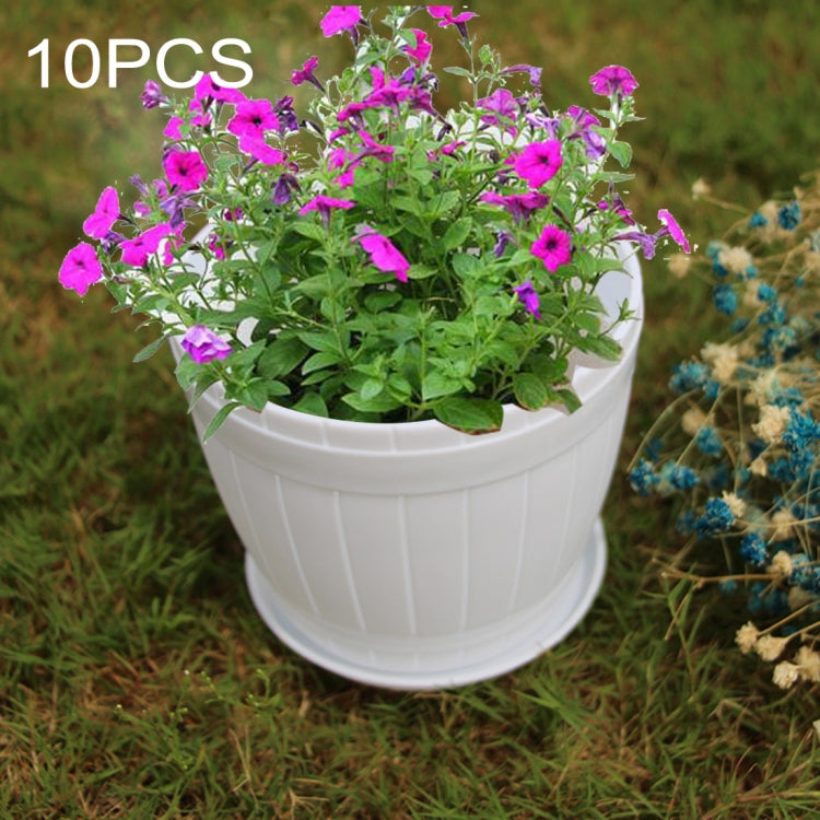 Vaso da fiori in resina plastica imitazione botte di legno da 10 pezzi con vassoio, diametro superiore: 9 cm, altezza: 6,5 cm, Top Diameter: 9cm