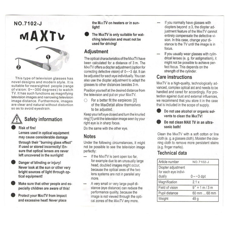 TV 7012J 2.1X Magnifying Glasses for Myopic People (Field of View: 0 to -300 degrees)