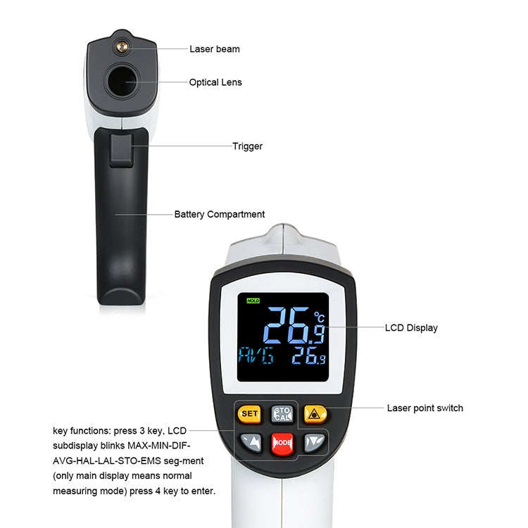 Termometro a infrarossi portatile digitale con punto laser GT750, intervallo di temperatura: -50-750 gradi Celsius senza batteria, GT750