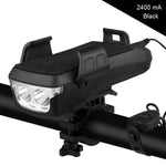 Luce per bicicletta con ricarica USB, luce a LED per manubrio anteriore, con supporto e clacson elettrico, batteria da 2400 mAh