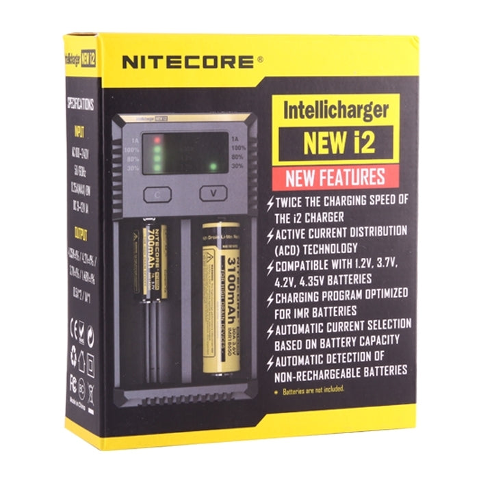 Nitecore NEW i2 Intelligent Digi Smart Charger with LED Indicator for 14500, 16340 (RCR123), 18650, 22650, 26650, Ni-MH and Ni-Cd (AA, AAA) Batteries, NEW i2