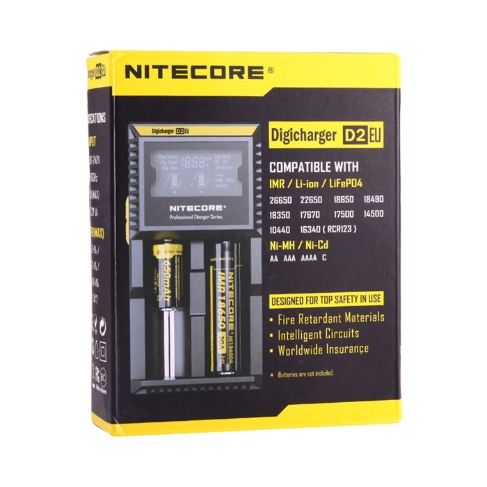 Nitecore D2 Digi Smart Charger with LED Indicator for 14500, 16340 (RCR123), 18650, 22650, 26650, Ni-MH and Ni-Cd (AA, AAA) Batteries, D2