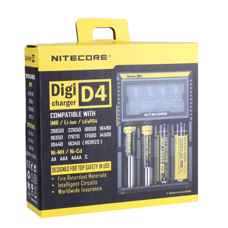 Nitecore D4 Caricabatterie intelligente Digi intelligente con display LCD per batterie 14500, 16340 (RCR123), 18650, 22650, 26650, Ni-MH e Ni-Cd (AA, AAA), D4