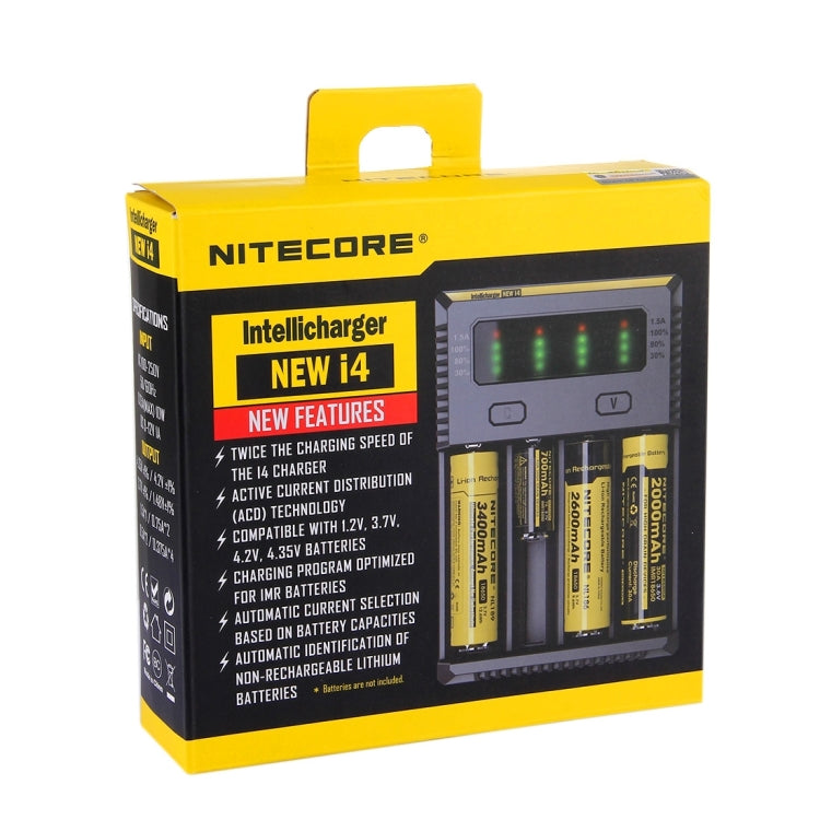 Nitecore NUOVO i4 Intelligent Digi Smart Charger con indicatore LED per batterie 14500, 16340 (RCR123), 18650, 22650, 26650, Ni-MH e Ni-Cd (AA, AAA), NEW i4