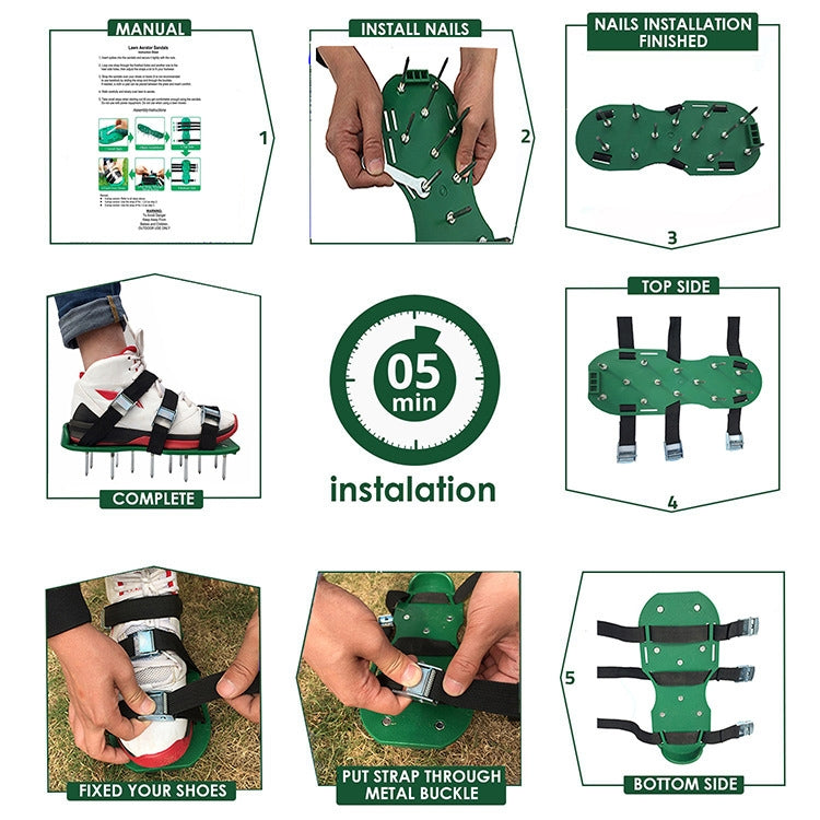 Attrezzi da giardino per prato da giardino, scarificatore per erba, scarpe chiodate con 8 fibbie in metallo, With 8 Metal Buckles (Black), With 8 Metal Buckles (Green)