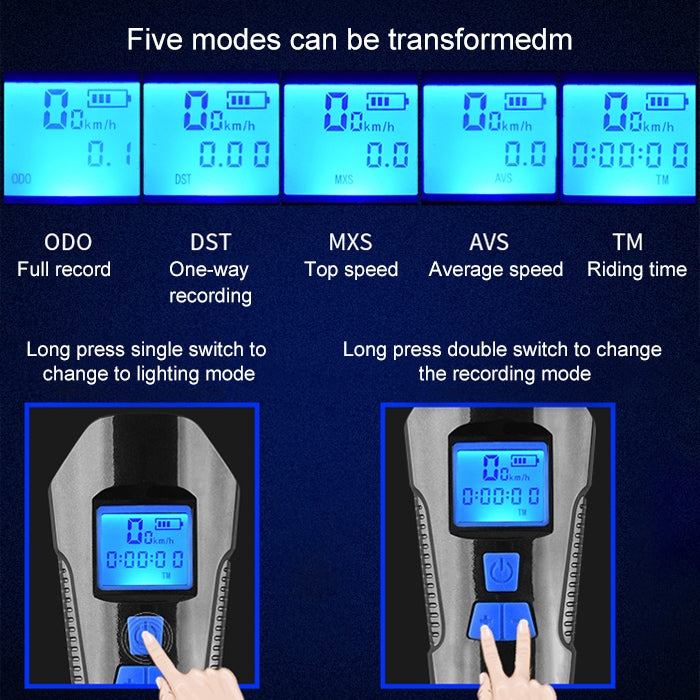 Faro per bicicletta a scatto impermeabile con ricarica USB da 350LM con funzione altoparlante e cronometro, Red, Black, Blue