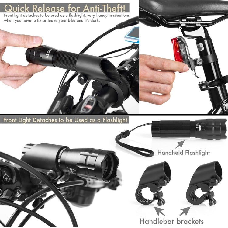 Faro per mountain bike da 5 W Ricarica Zoom Abbagliamento Torcia impermeabile Set Faro per auto x 2 + Fanale posteriore x 2 (Set tre), Set Three