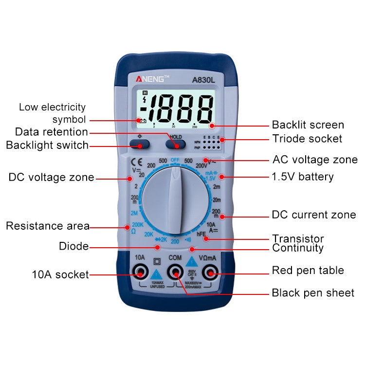 ANENG A830L Multimetro portatile Strumento elettrico domestico (giallo grigio), OG8759A, OG8759B, OG8759C, OG8759D, OG8759E, OG8759F