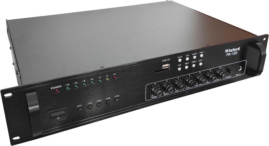 Amplificatore audio USB/SD 5 canali 70V/100V/8 Ohm 120W PA-120 Winford PA-120