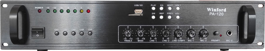 Amplificatore audio USB/SD 5 canali 70V/100V/8 Ohm 120W PA-120
