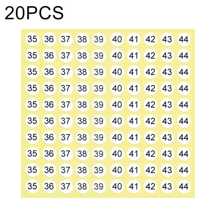 Etichetta adesiva per numero di scarpa di forma rotonda da 20 pezzi, numero 35-44, Number 35-44