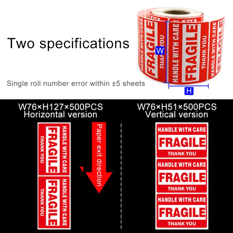 Etichetta fragile con adesivo di avvertenza inglese per scatola esterna autoadesiva da 500 pezzi, dimensioni: 76x127 mm, 76 x 127mm