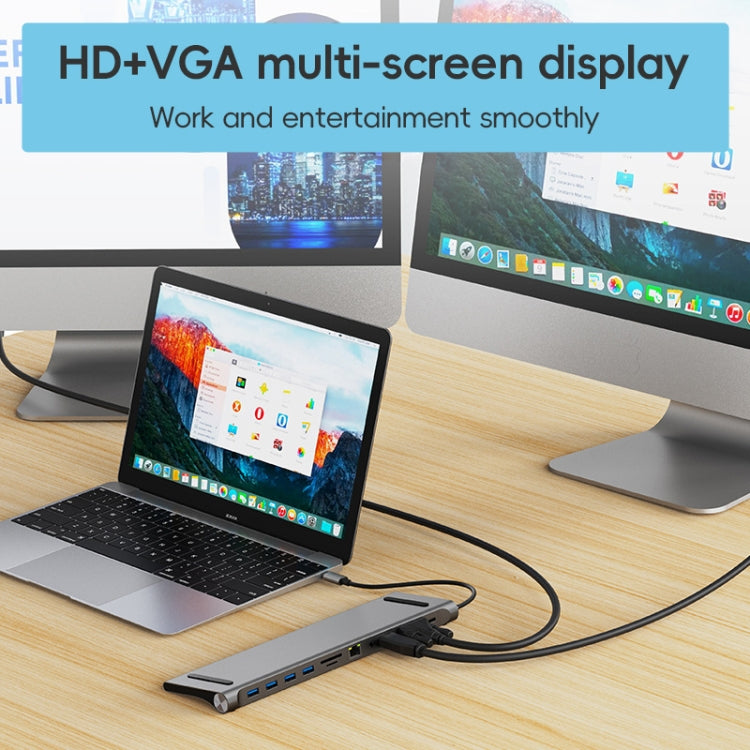 AD-059 11 in 1 da USB-C/Tipo-C a 4K HDMI + VGA + Slot per scheda SD/TF + Gigabit Ethernet + 3,5 mm AUX + USB-C/Tipo-C + 4 HUB Docking Station multifunzione USB 3.0, 11 in 1