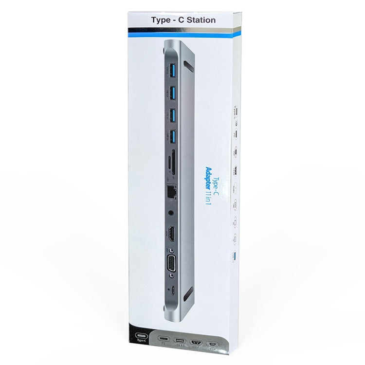 AD-059 11 in 1 da USB-C/Tipo-C a 4K HDMI + VGA + Slot per scheda SD/TF + Gigabit Ethernet + 3,5 mm AUX + USB-C/Tipo-C + 4 HUB Docking Station multifunzione USB 3.0, 11 in 1