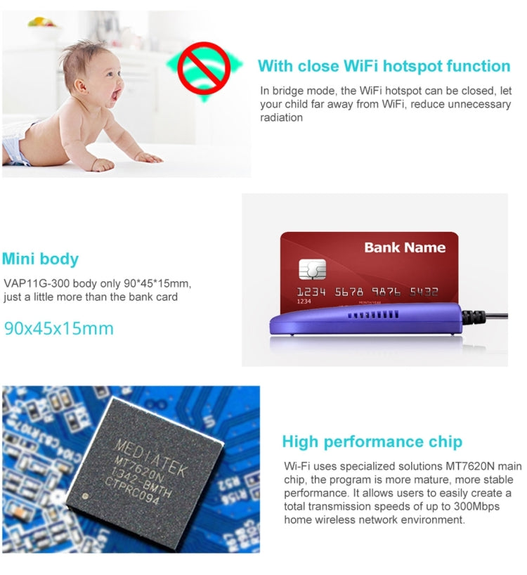 VONETS VAP11G-300 Mini WiFi 300Mbps Bridge Ripetitore WiFi, Miglior Partner di Dispositivo IP / Telecamera IP / Stampante IP / XBOX / PS3 / IPTV / Skybox, VAP11G-300
