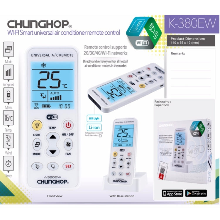 CHUNGHOP K-380EW WiFi Smart Universale LCD Telecomando per climatizzatore con supporto, supporto rete 2G / 3G / 4G / WiFi