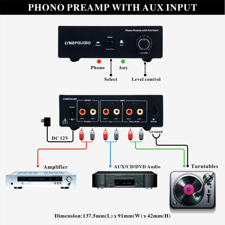 B855 LINEPAUDIO Telephone prephonographic signal amplifier with auxiliary input and volume control