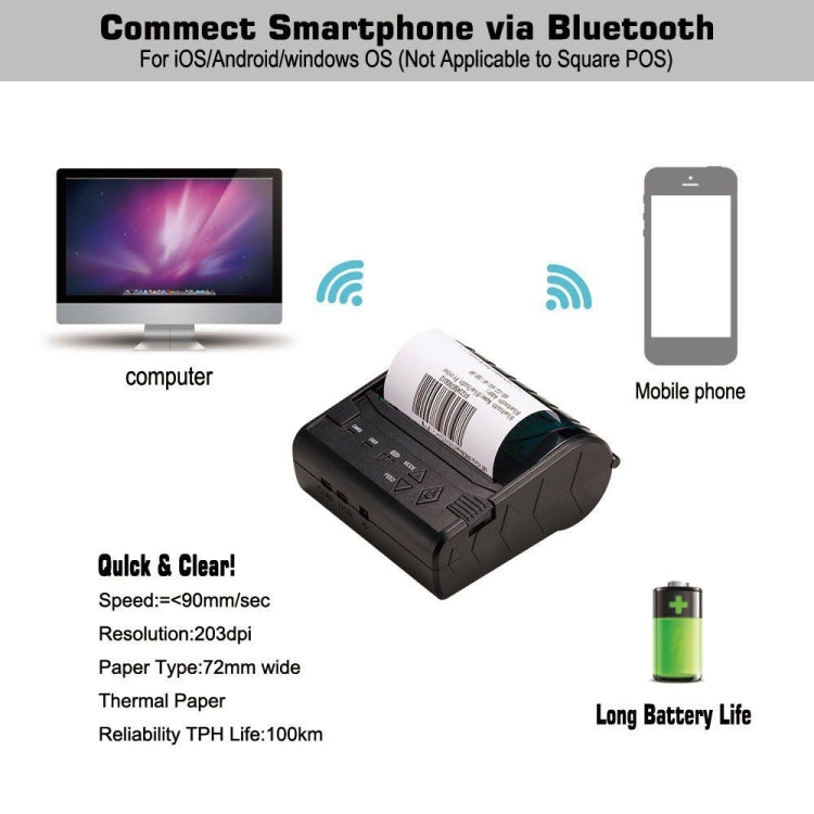 POS-8003 Portable Bluetooth Thermal Ticket Printer, Maximum Thermal Paper Size Supported: 80x50mm