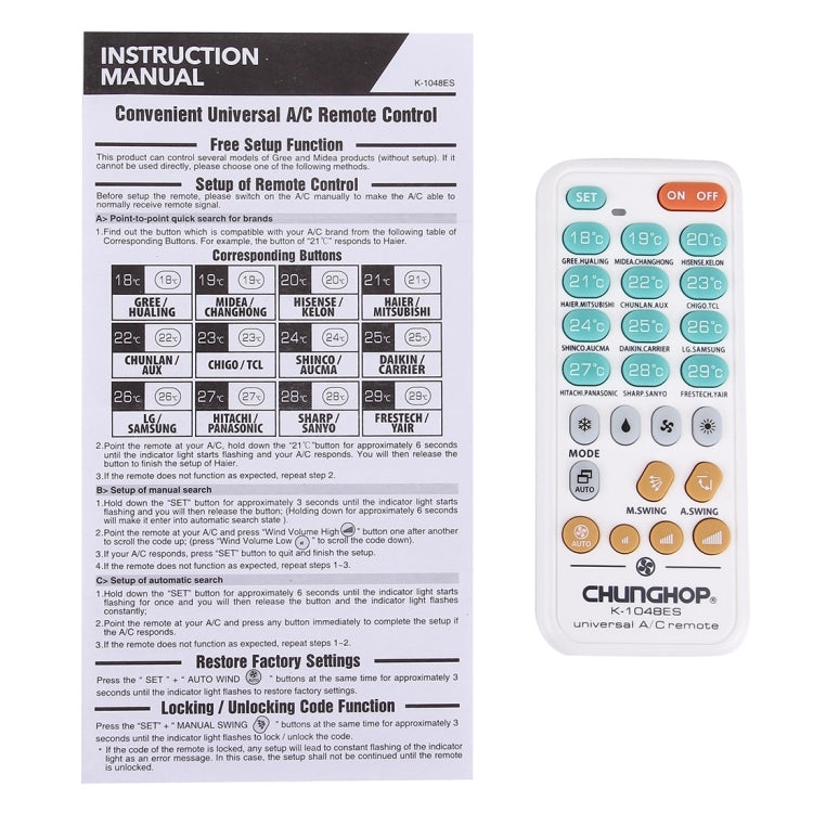 Universal Remote Control for CHUNGHOP Air Conditioner K-1048ES, K-1048ES