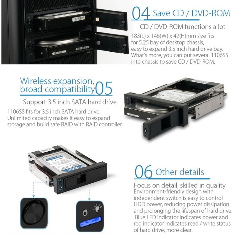 ORICO 1106SS Spazio CD-ROM HDD Mobile Rack Contenitore interno per convertitore HDD da 3,5 pollici