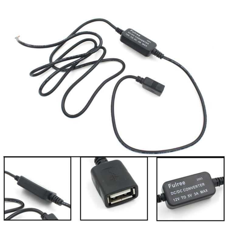 Caricabatteria da auto USB singolo per moto da auto DC 12V a 5V 3A Adattatore di alimentazione per GPS Tracker DVR per auto, lunghezza: 1 m, Car Single USB Power Adapter