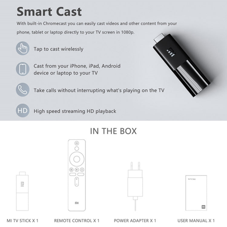 Original Xiaomi Mi Android TV Stick, Quad Core Cortex A53, 1GB RAM + 8GB ROM, Global Version, EU Plug