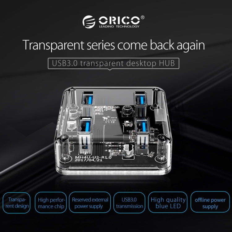 ORICO MH4U-100 HUB desktop trasparente USB 3.0 con cavo micro USB da 100 cm, MH4U-100