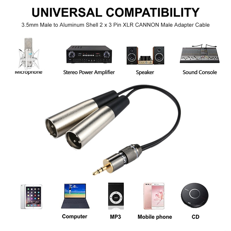 3.5mm Metal Head Male to Aluminum Shell CANNON 2 x 3 Pin XLR Male Audio Connector Adapter Cable, Total Length: Approx. 25cm, 2 x 3 Pin Male